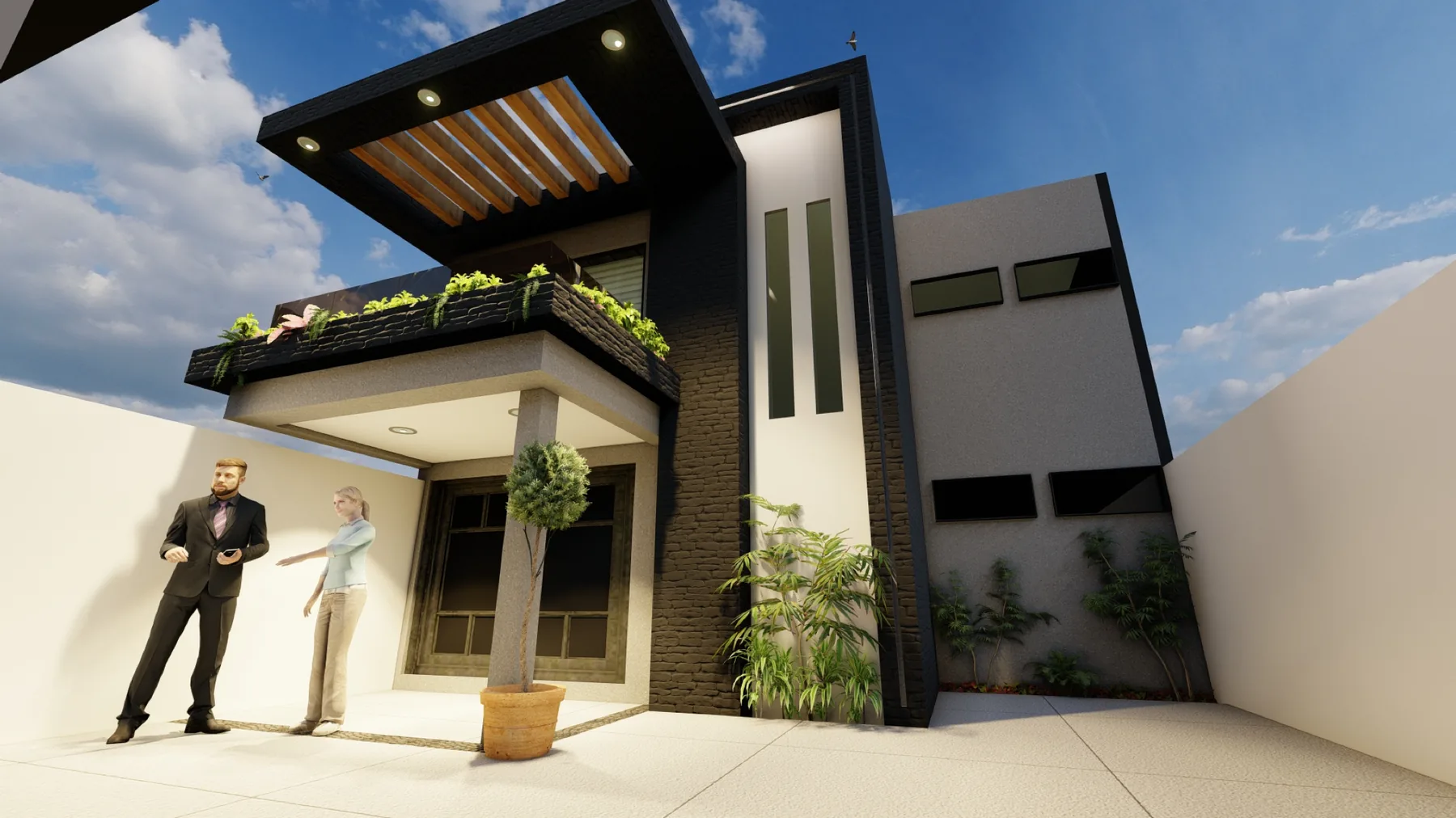 Render de fachada residencial contemporánea
